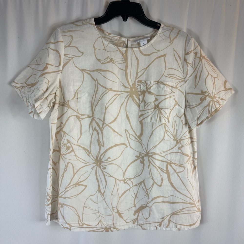 Liz Claiborne Beige Floral Blouse Linen Blend Cream Boxy Embellished Top
Size:M